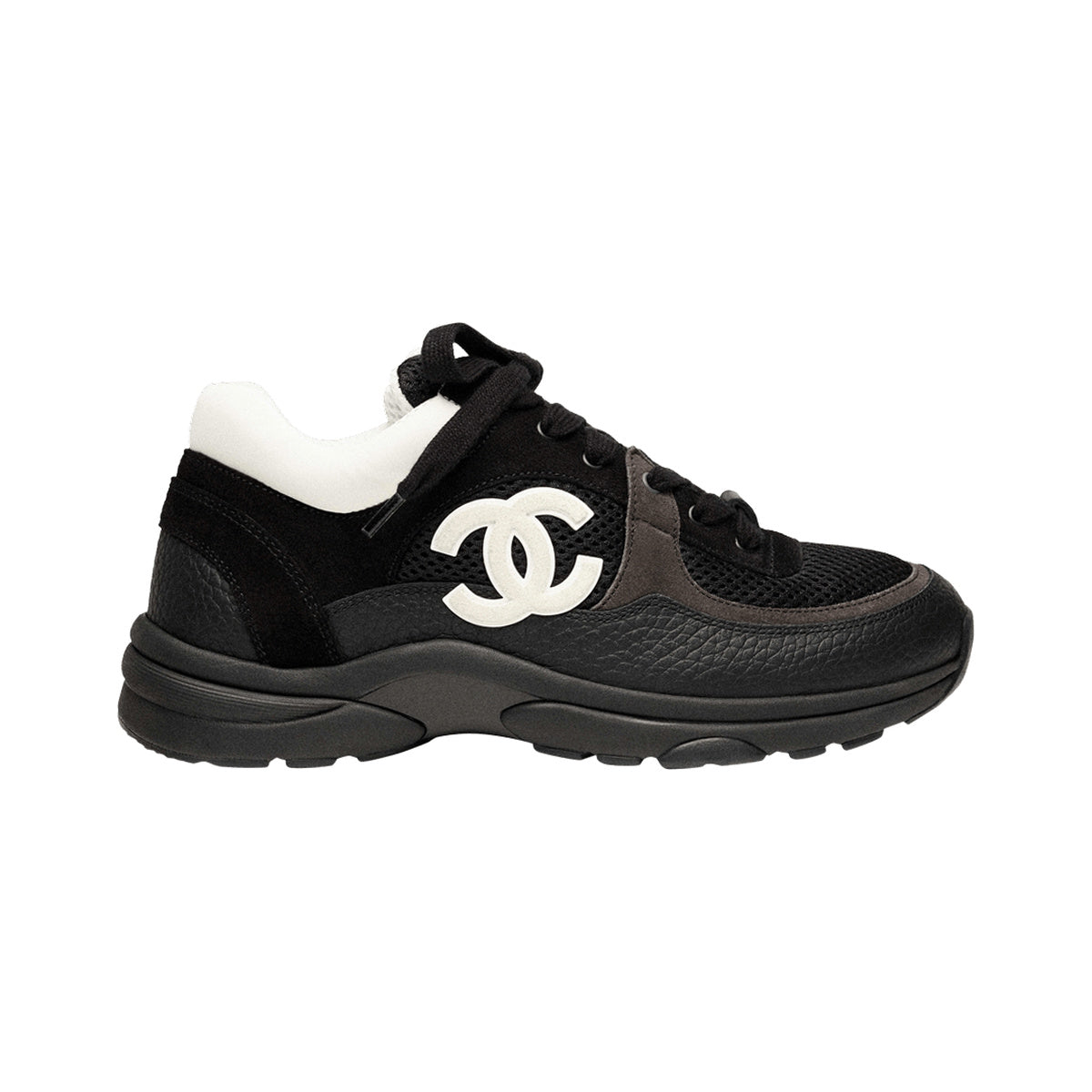 CHANEL CC Logo Mesh and Suede Sneaker – Black / White – product view