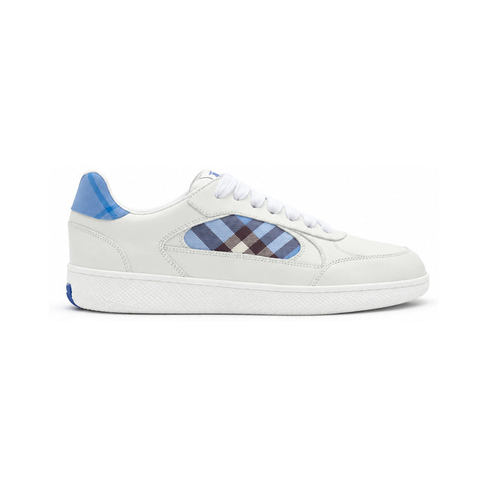 Burberry Leather and Check Terrace Sneakers – Optic White / Cornflower Blue – product view