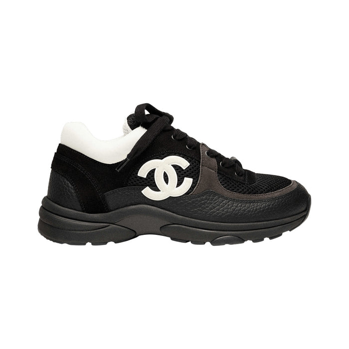 CHANEL CC Logo Mesh and Suede Sneaker – Black / White – product view
