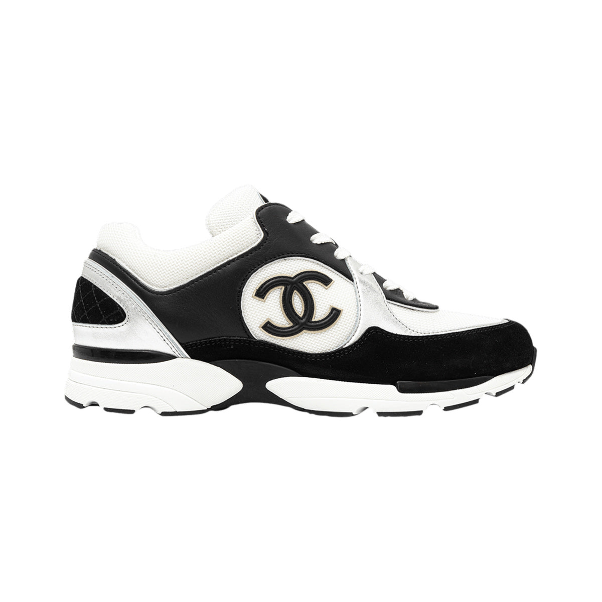 CHANEL CC Logo Mesh Trainer – Black / White / Silver – product view