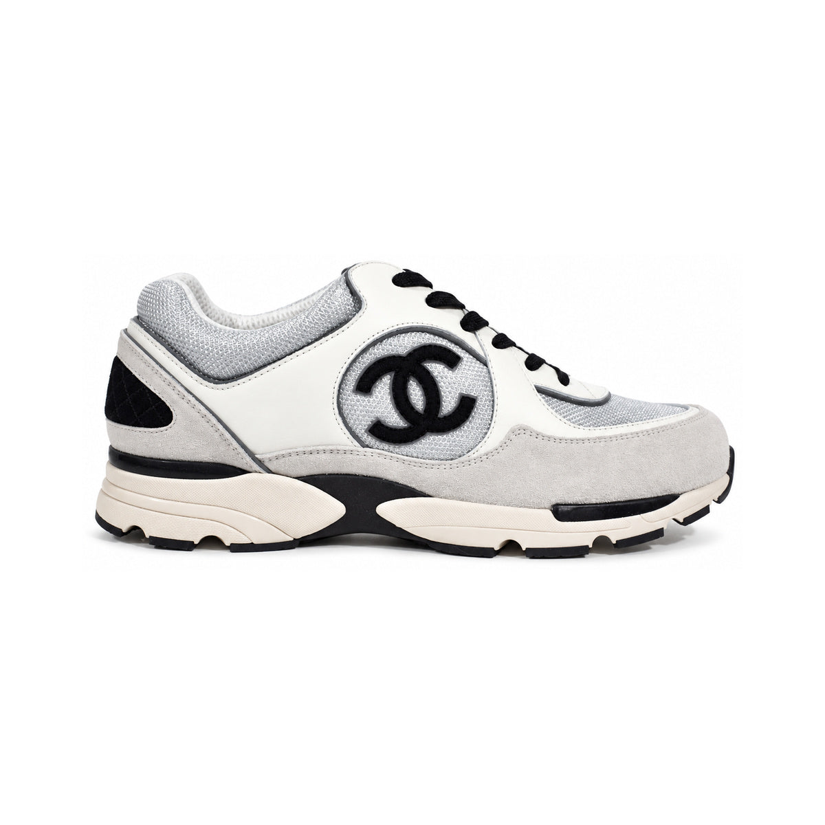CHANEL CC Logo Mesh Trainer – White / Silver / Light Gray – product view