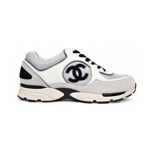CHANEL CC Logo Mesh Trainer – White / Silver / Light Gray – product view