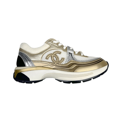 CHANEL CC Logo Metallic Runner – White / Gold / Silver – product view