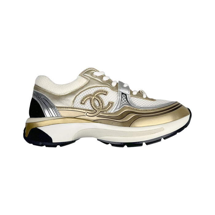 CHANEL CC Logo Metallic Runner – White / Gold / Silver – product view