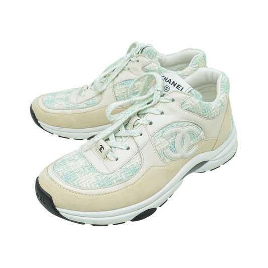 CHANEL CC Logo Tweed Sneaker – Cream / Aqua – product view