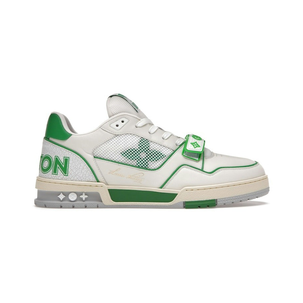 Louis Vuitton LV Trainer Monogram Denim Strap Sneaker – White / Green – product view